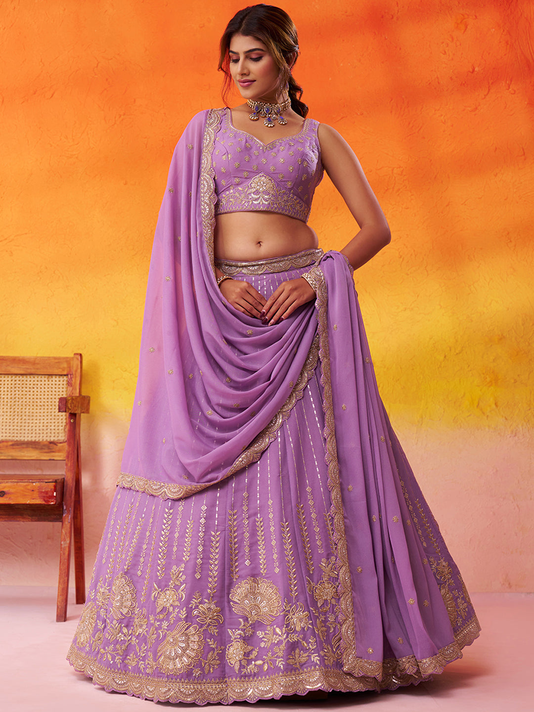 Pink- Tissue Silk Fabric Sequins embroidery Semi-Stitched Lehenga & Unstitched Blouse With Dupatta House of Panchhi