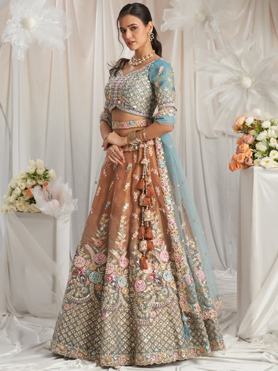 Brown-Turquoise Blue Color Bridal Net Embroidered Gotta Patti Work Using Golden Sequins,Mirror and Multi-Thread Semi-Stitched Lehenga