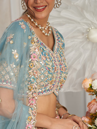 Brown-Turquoise Blue Color Bridal Net Embroidered Gotta Patti Work Using Golden Sequins,Mirror and Multi-Thread Semi-Stitched Lehenga