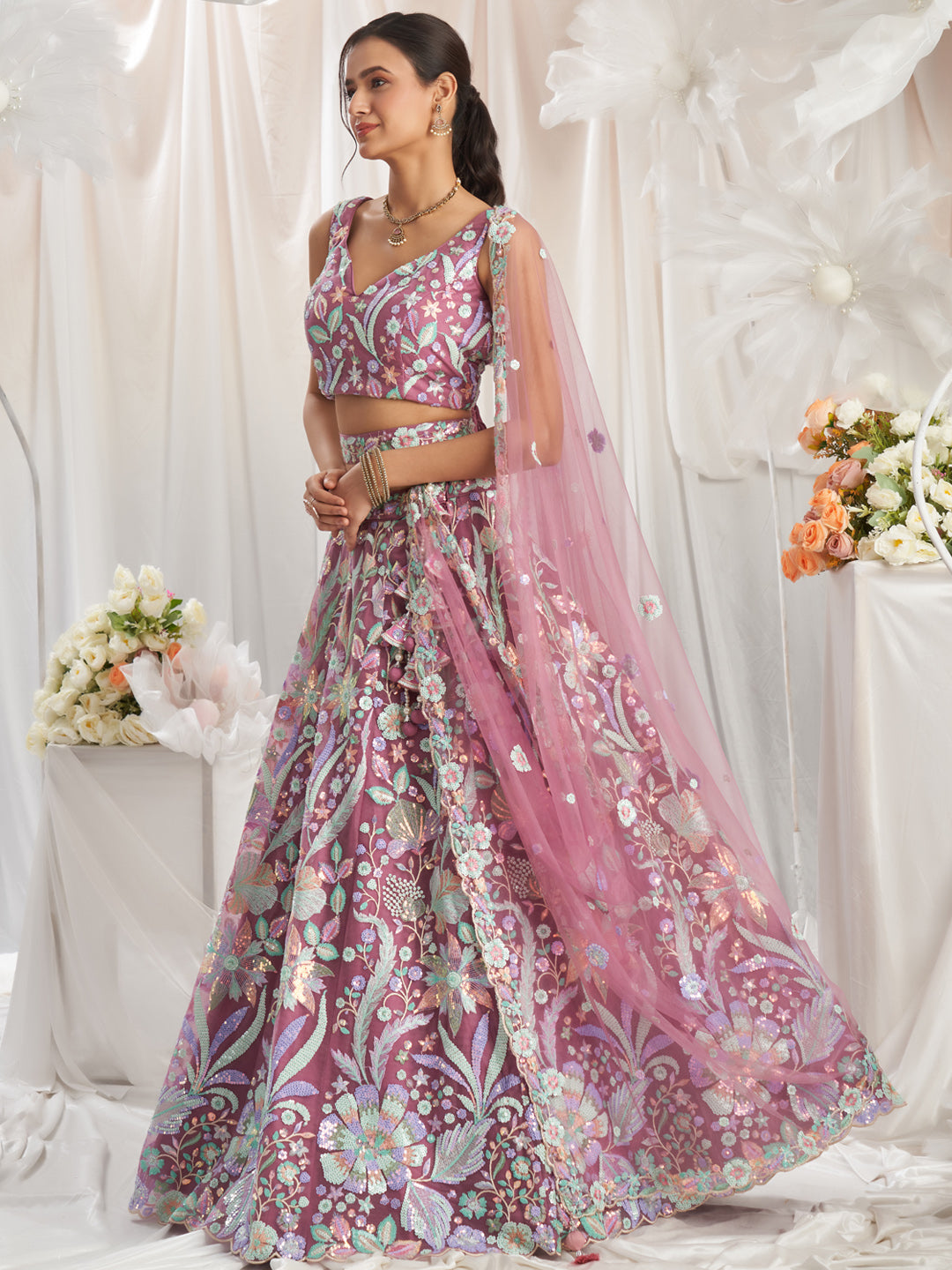 Multi-Color Pastel Sequins Work Net Semi-Stitched Lehenga Choli