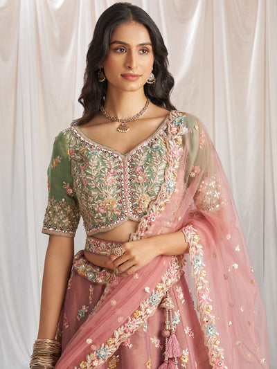 Rosegold-Seagreen Color Bridal Net Embroidered Gotta Patti Work Using Golden Sequins,Mirror and Multi-Thread Semi-Stitched Lehenga