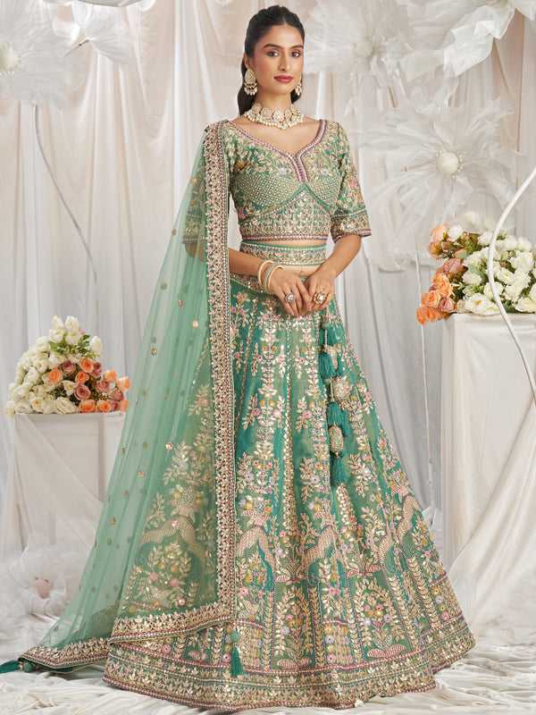 Bridal Net Heavy Embroidered Gotta Patti Work Using Golden Sequins,Mirror,Moti and Multi-Thread Semi-Stitched Lehenga