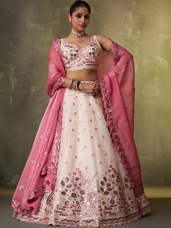 Organza Fabric Sequins & Embroidery Semi-Stitched Lehenga & Unstitched Blouse With Dupatta