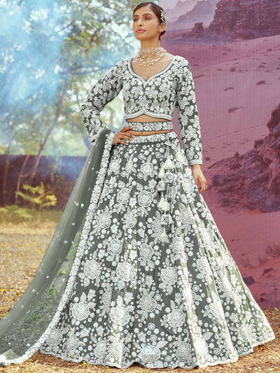 Satin Silk White Color Sequined Heavy Embroidered Mirror,Moti & Zarkan work Semi-Stitched Lehenga choli