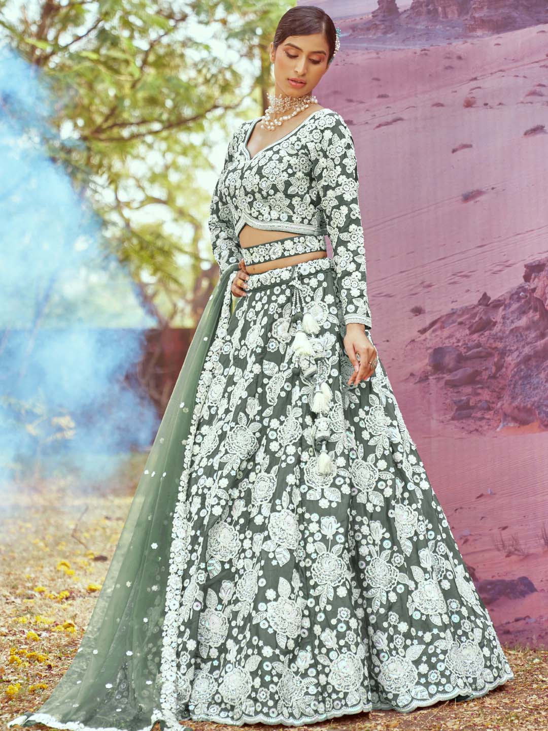 Satin Silk White Color Sequined Heavy Embroidered Mirror,Moti & Zarkan work Semi-Stitched Lehenga choli