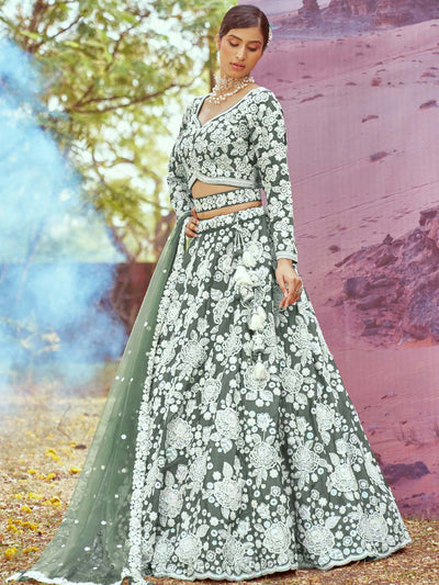 Satin Silk White Color Sequined Heavy Embroidered Mirror,Moti & Zarkan work Semi-Stitched Lehenga choli