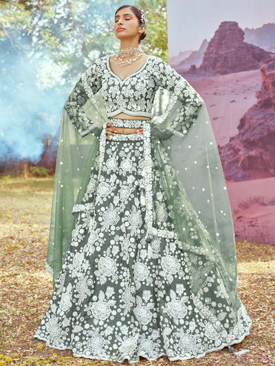 Satin Silk White Color Sequined Heavy Embroidered Mirror,Moti & Zarkan work Semi-Stitched Lehenga choli