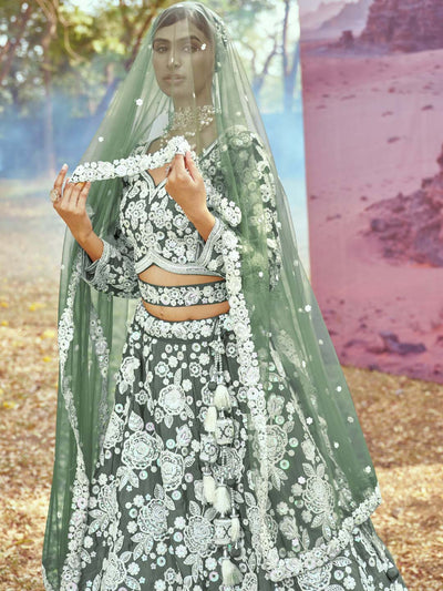 Satin Silk White Color Sequined Heavy Embroidered Mirror,Moti & Zarkan work Semi-Stitched Lehenga choli