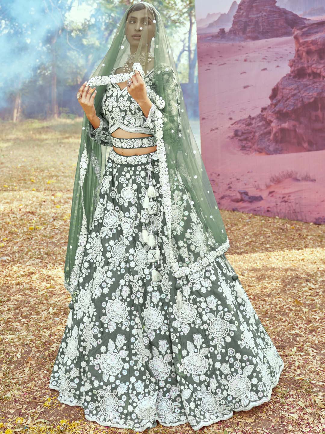 Satin Silk White Color Sequined Heavy Embroidered Mirror,Moti & Zarkan work Semi-Stitched Lehenga choli