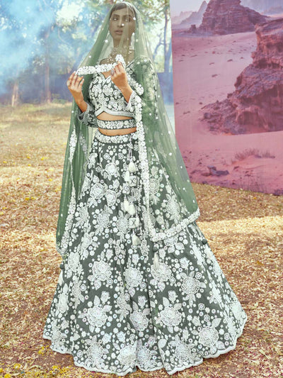 Satin Silk White Color Sequined Heavy Embroidered Mirror,Moti & Zarkan work Semi-Stitched Lehenga choli