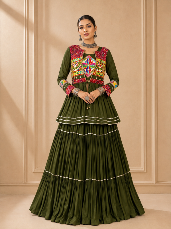 Mehndi color Navratri Designer Ready To Wear Lehenga Set houseofpanchhi