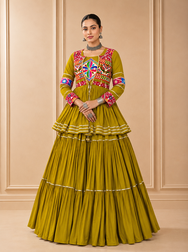 Olive color Navratri Designer Ready To Wear Lehenga Set houseofpanchhi