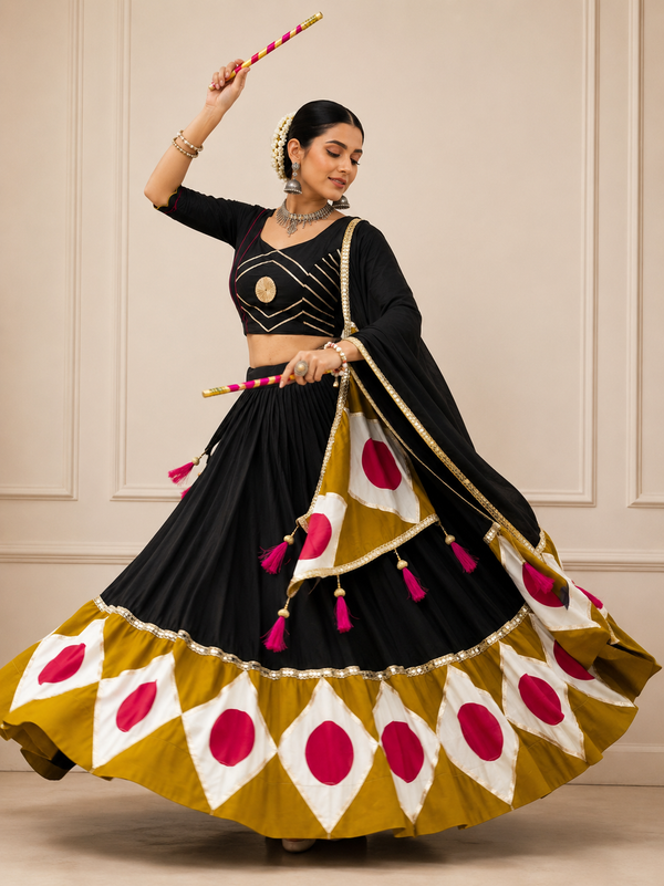 Black & Olive color Navratri Designer Ready To Wear Lehenga Set houseofpanchhi