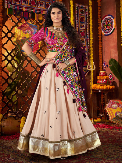 Beige colour Navratri Designer Viscose Cotton multi colour lehenga choli houseofpanchhi