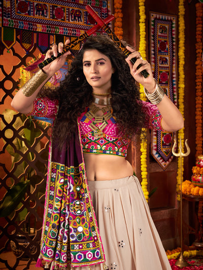 Beige colour Navratri Designer Viscose Cotton multi colour lehenga choli houseofpanchhi