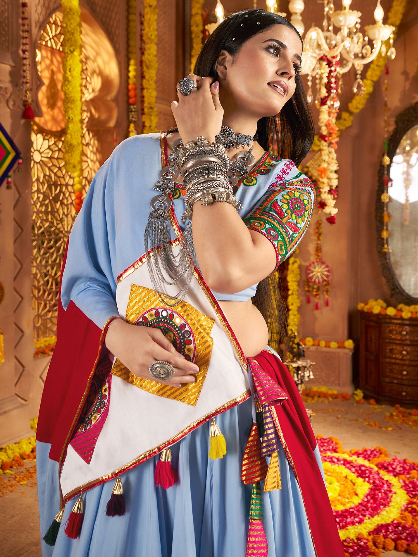 Viscose cotton thread embroidered with jacquard patch work Ready to wear lehenga choli houseofpanchhi