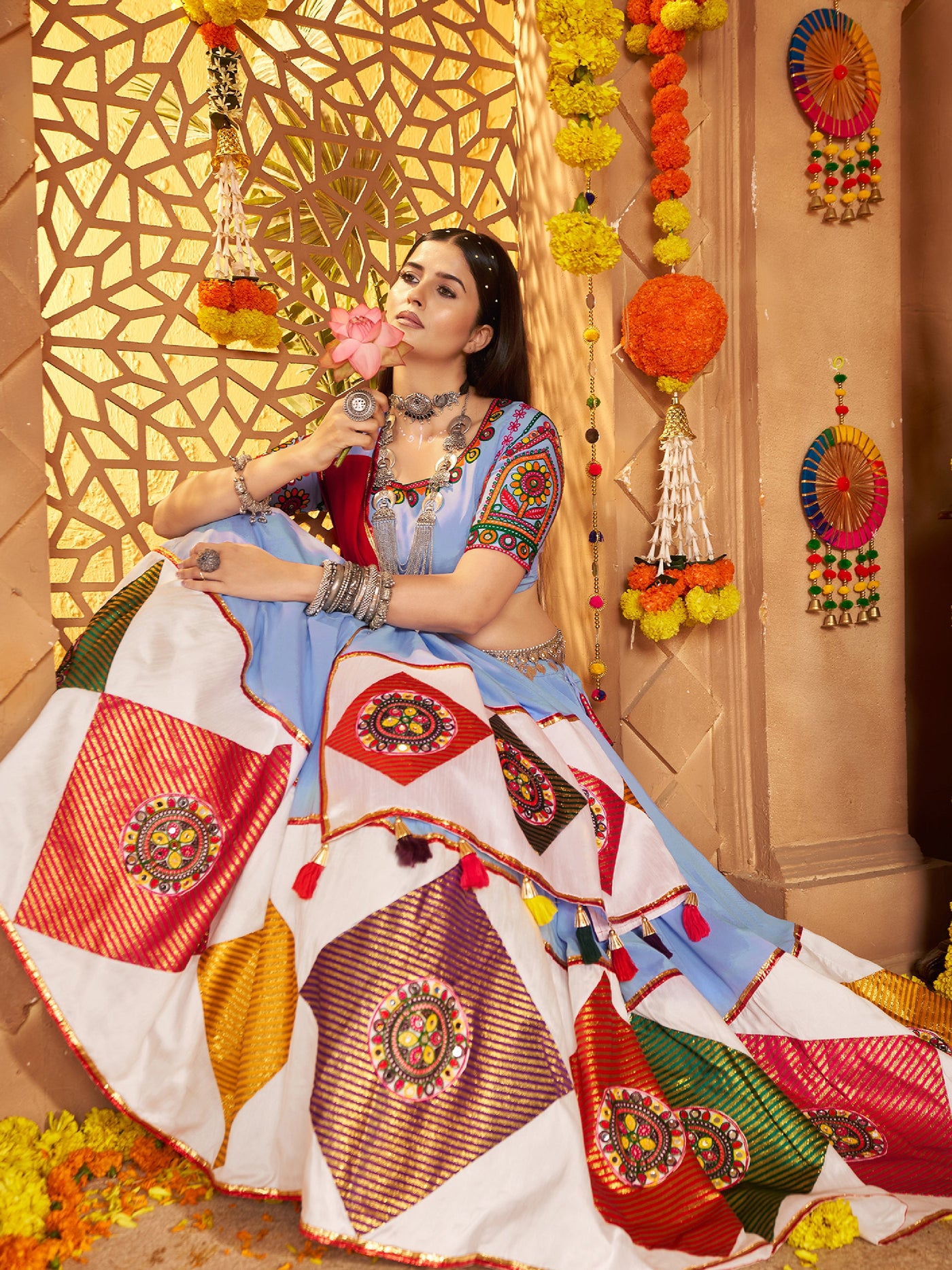 Viscose cotton thread embroidered with jacquard patch work Ready to wear lehenga choli houseofpanchhi