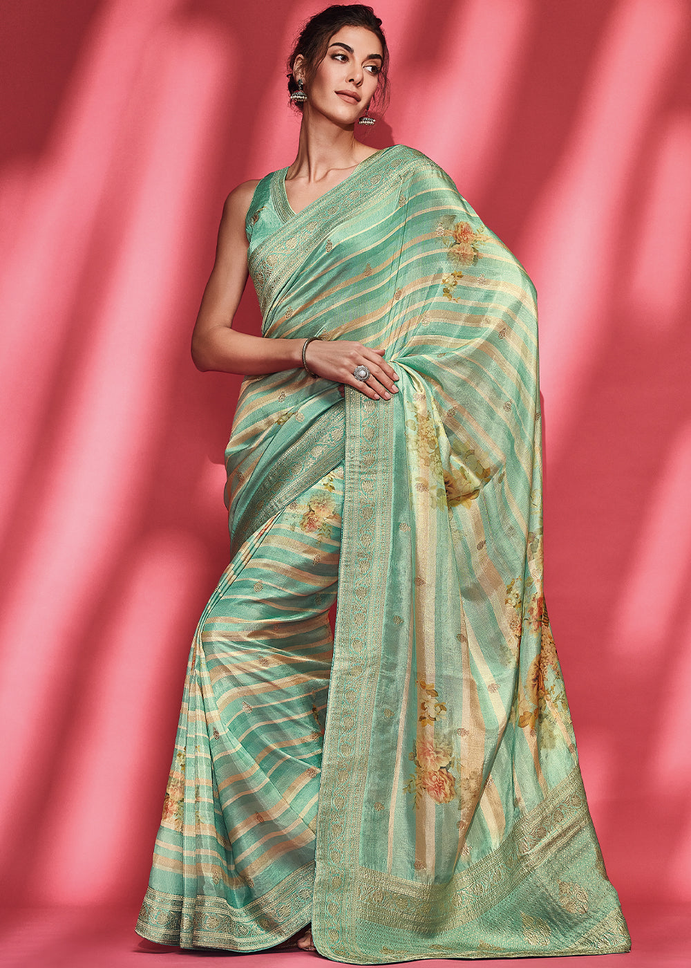 Green Color Pure Viscos Woven Digitally Printed Saree