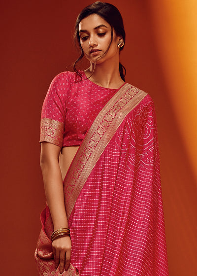 Pink Color Bandhani Printed Pure Viscos Woven Saree