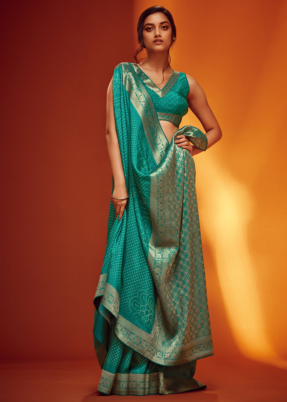 Teal Color Bandhani Printed Pure Viscos Woven Saree