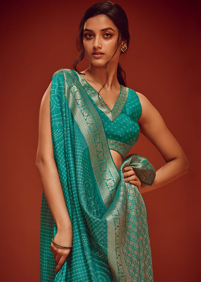 Teal Color Bandhani Printed Pure Viscos Woven Saree