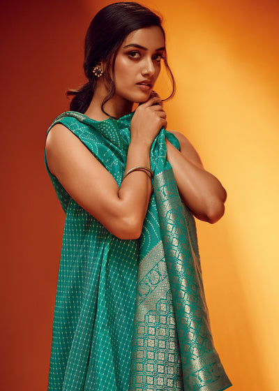 Teal Color Bandhani Printed Pure Viscos Woven Saree