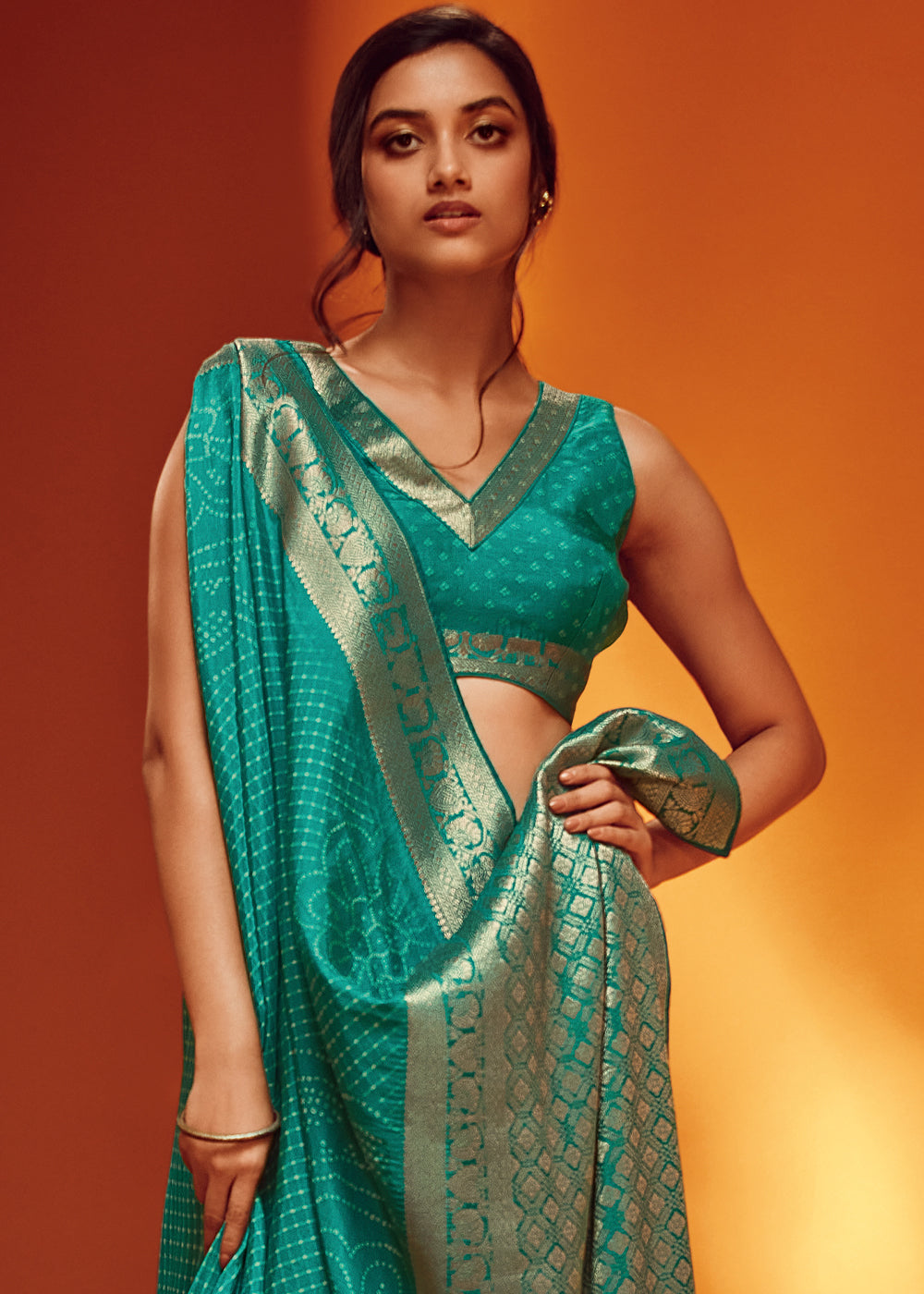 Teal Color Bandhani Printed Pure Viscos Woven Saree