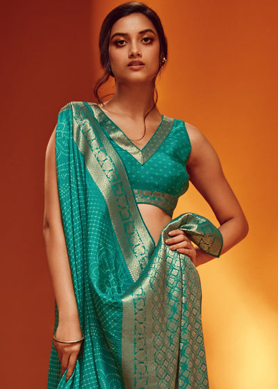 Teal Color Bandhani Printed Pure Viscos Woven Saree