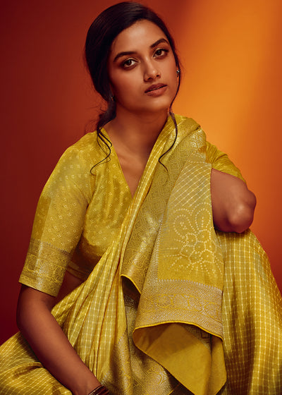 Yellow Color Bandhani Printed Pure Viscos Woven Saree