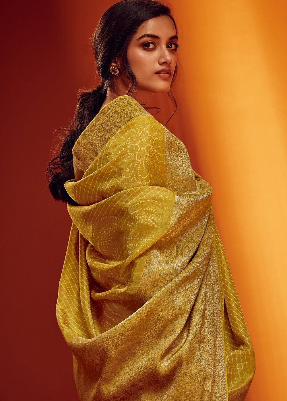 Yellow Color Bandhani Printed Pure Viscos Woven Saree