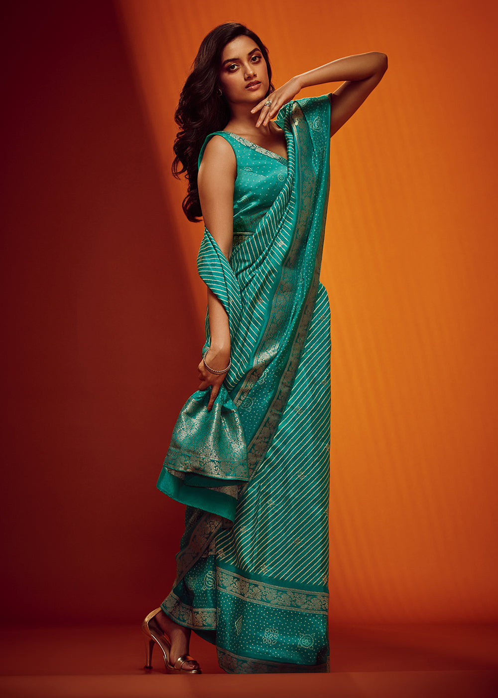 Teal-Blue Color Digitally Printed Pure Viscos Woven Saree