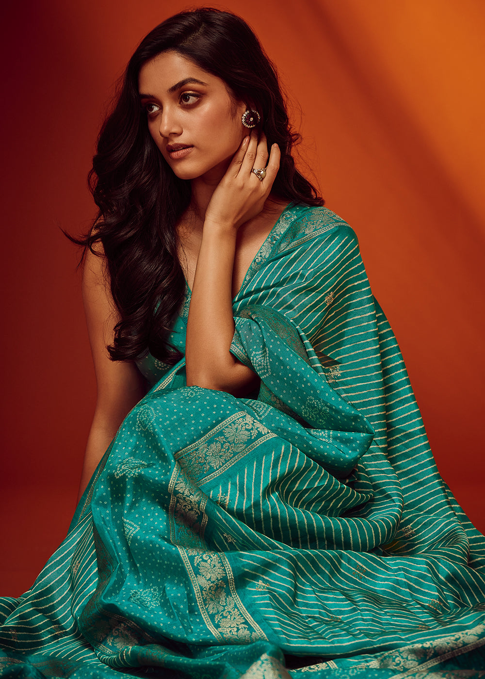 Teal-Blue Color Digitally Printed Pure Viscos Woven Saree