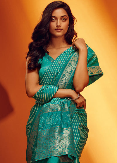 Teal-Blue Color Digitally Printed Pure Viscos Woven Saree