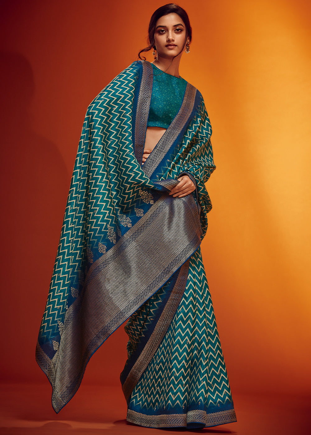 Teal-Blue Color Digitally Printed Pure Viscos Woven Saree