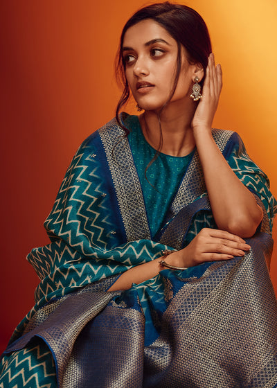 Teal-Blue Color Digitally Printed Pure Viscos Woven Saree