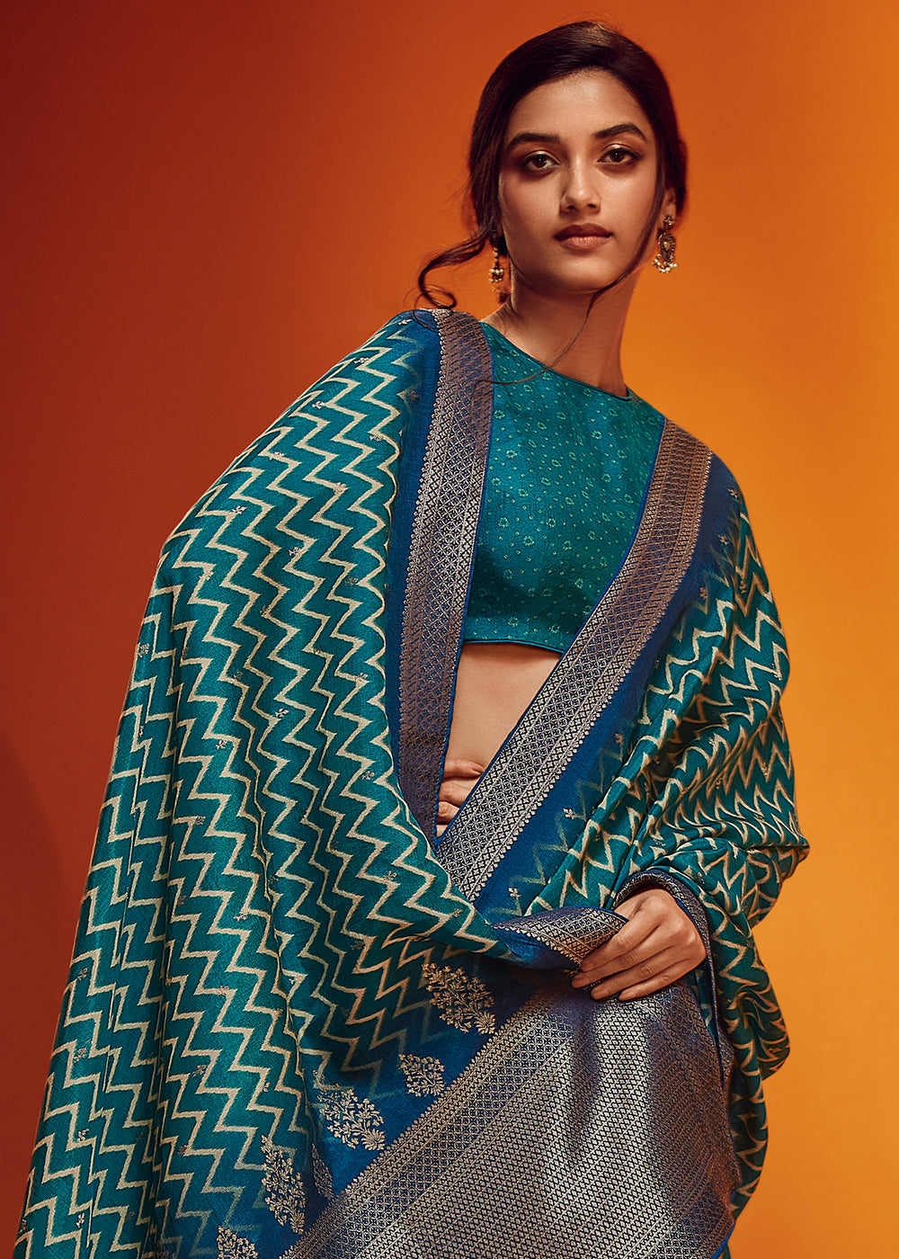 Teal-Blue Color Digitally Printed Pure Viscos Woven Saree