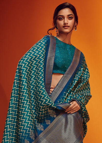 Teal-Blue Color Digitally Printed Pure Viscos Woven Saree