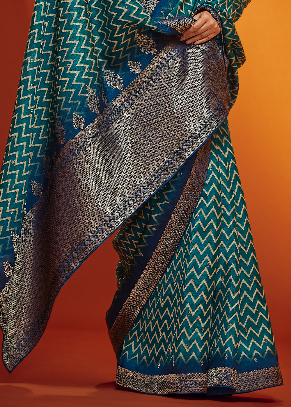 Teal-Blue Color Digitally Printed Pure Viscos Woven Saree