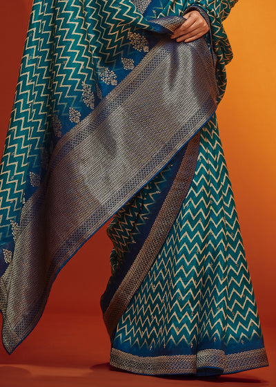 Teal-Blue Color Digitally Printed Pure Viscos Woven Saree