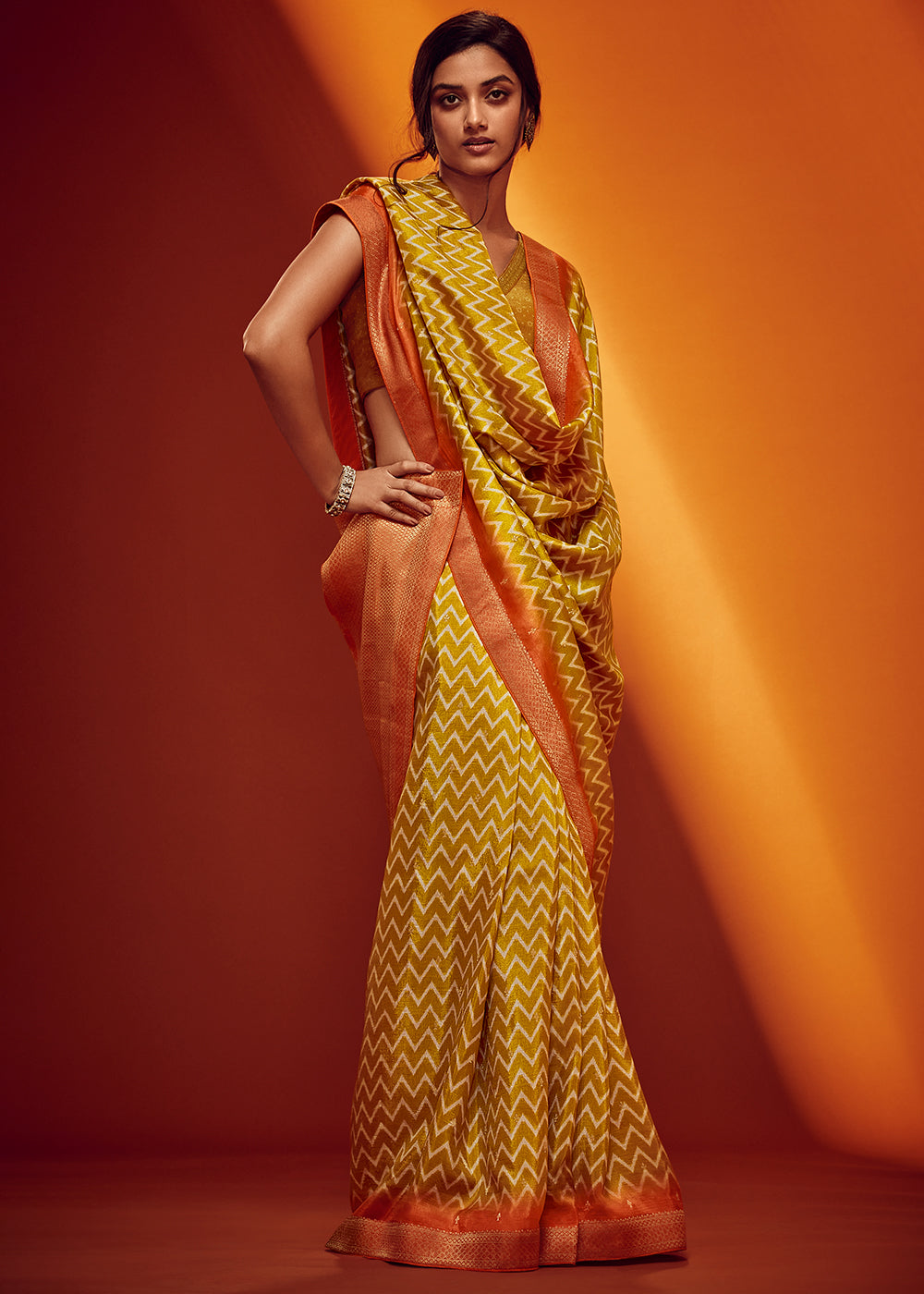 Yellow Color Digitally Printed Pure Viscos Woven Saree