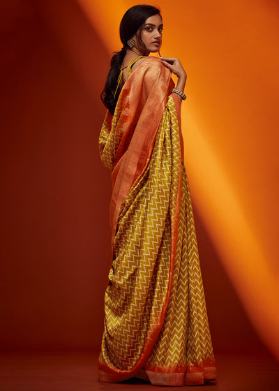 Yellow Color Digitally Printed Pure Viscos Woven Saree