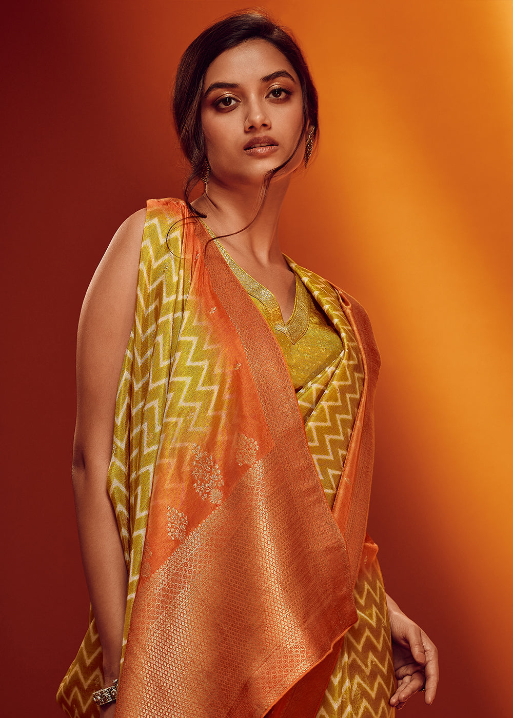 Yellow Color Digitally Printed Pure Viscos Woven Saree