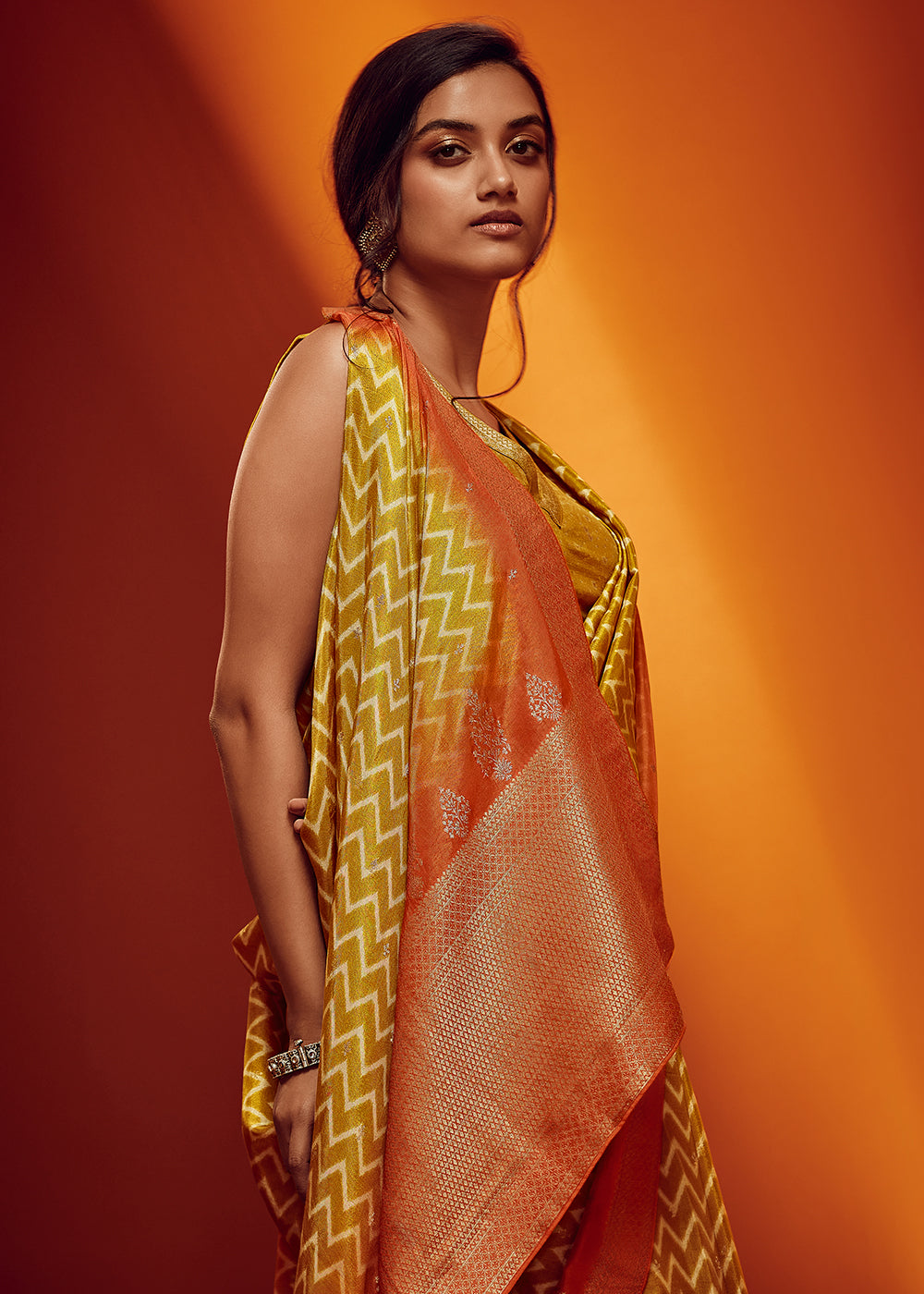 Yellow Color Digitally Printed Pure Viscos Woven Saree