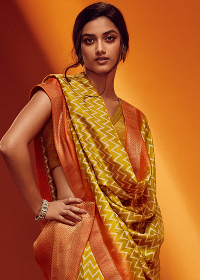 Yellow Color Digitally Printed Pure Viscos Woven Saree