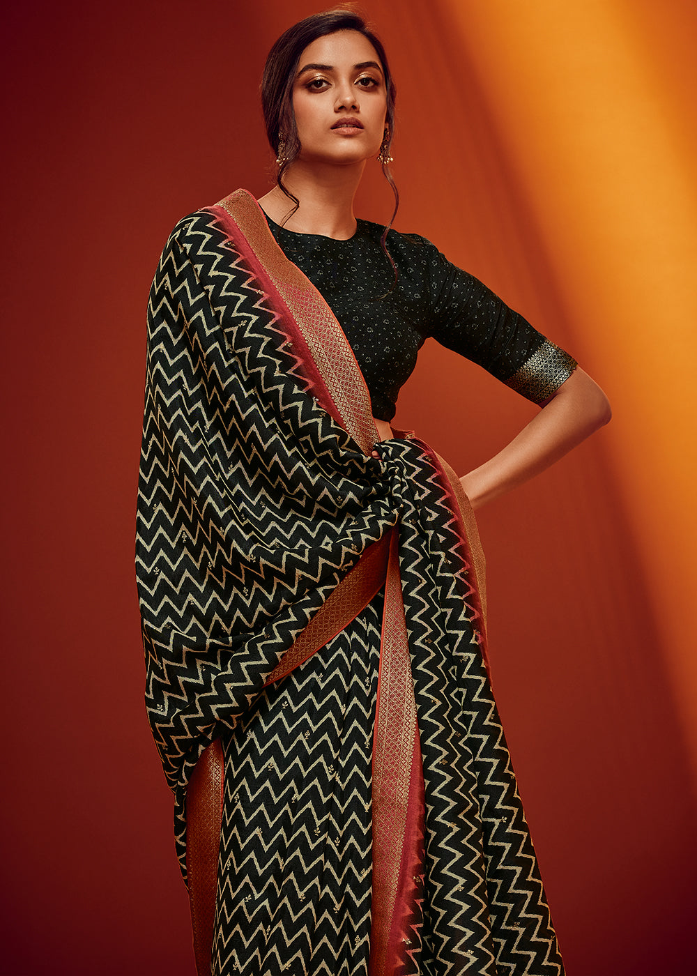 Black Color Digitally Printed Pure Viscos Woven Saree