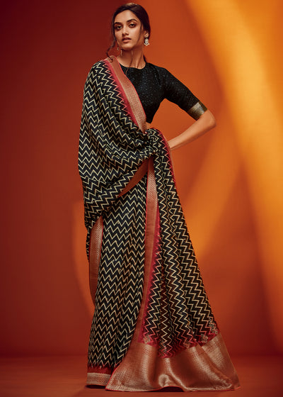 Black Color Digitally Printed Pure Viscos Woven Saree