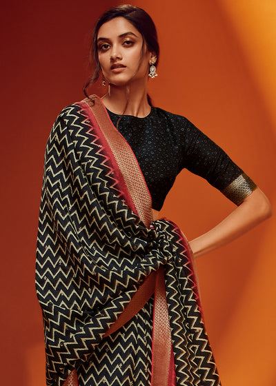 Black Color Digitally Printed Pure Viscos Woven Saree