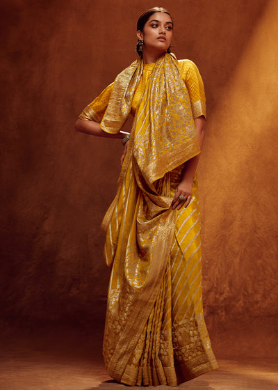 Mustard Color Pure Viscos Woven Leheriya Pattern Silk Saree