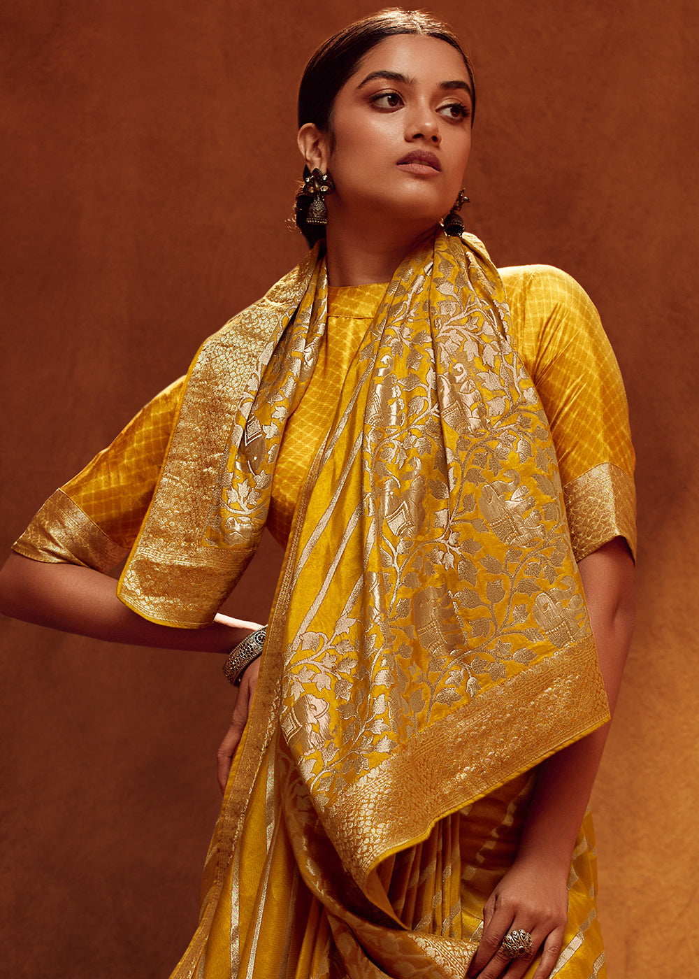 Mustard Color Pure Viscos Woven Leheriya Pattern Silk Saree