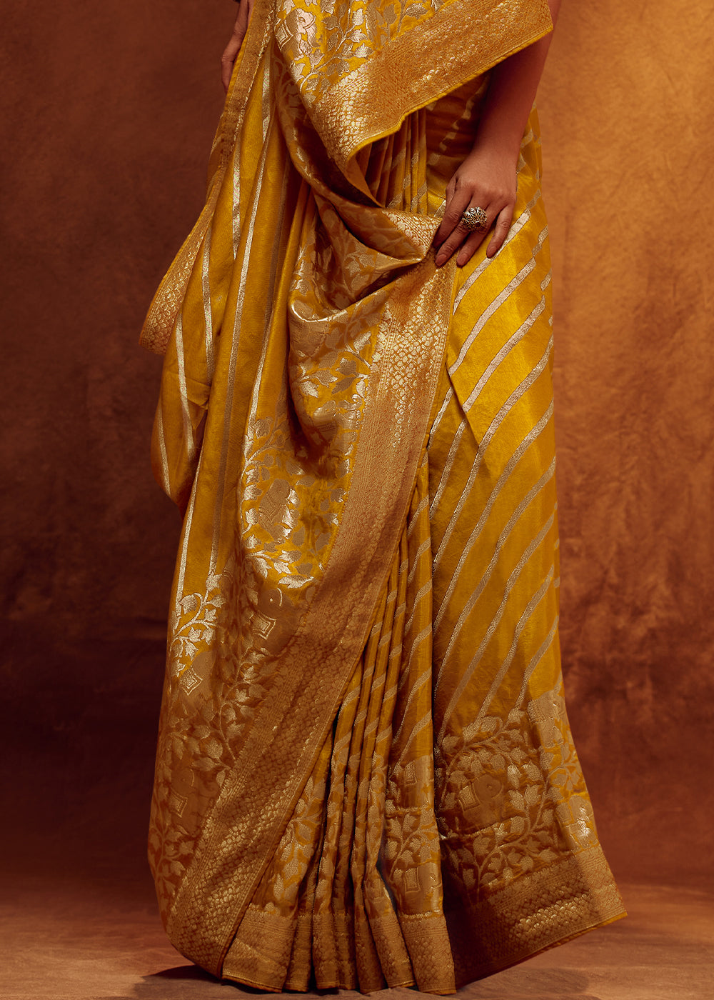 Mustard Color Pure Viscos Woven Leheriya Pattern Silk Saree